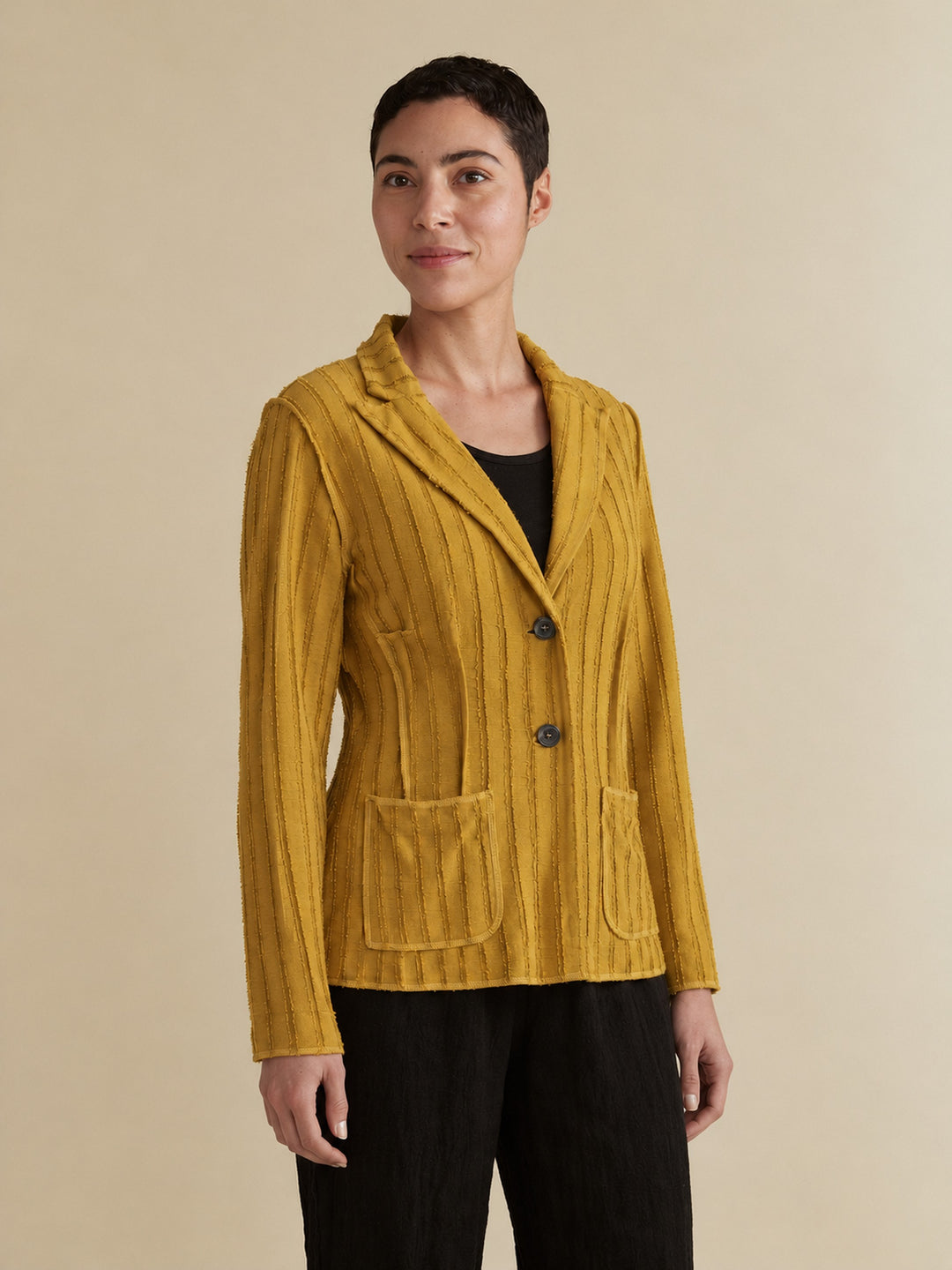 Cut Loose Frayed Stripe Fitted Blazer in Brass, three quarter view on model