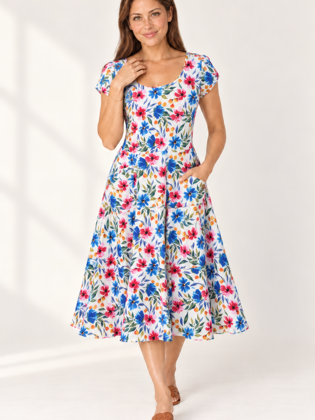 Dress Addict Jade Dress in Bright Flowers, front view on model