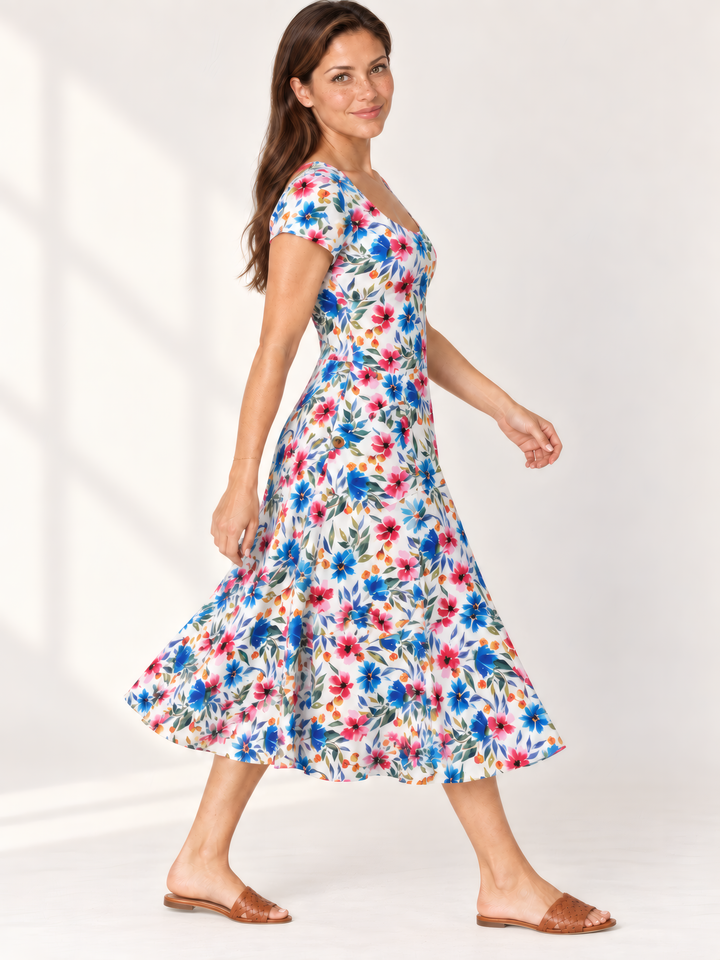 Dress Addict Jade Dress in Bright Flowers, side view on model