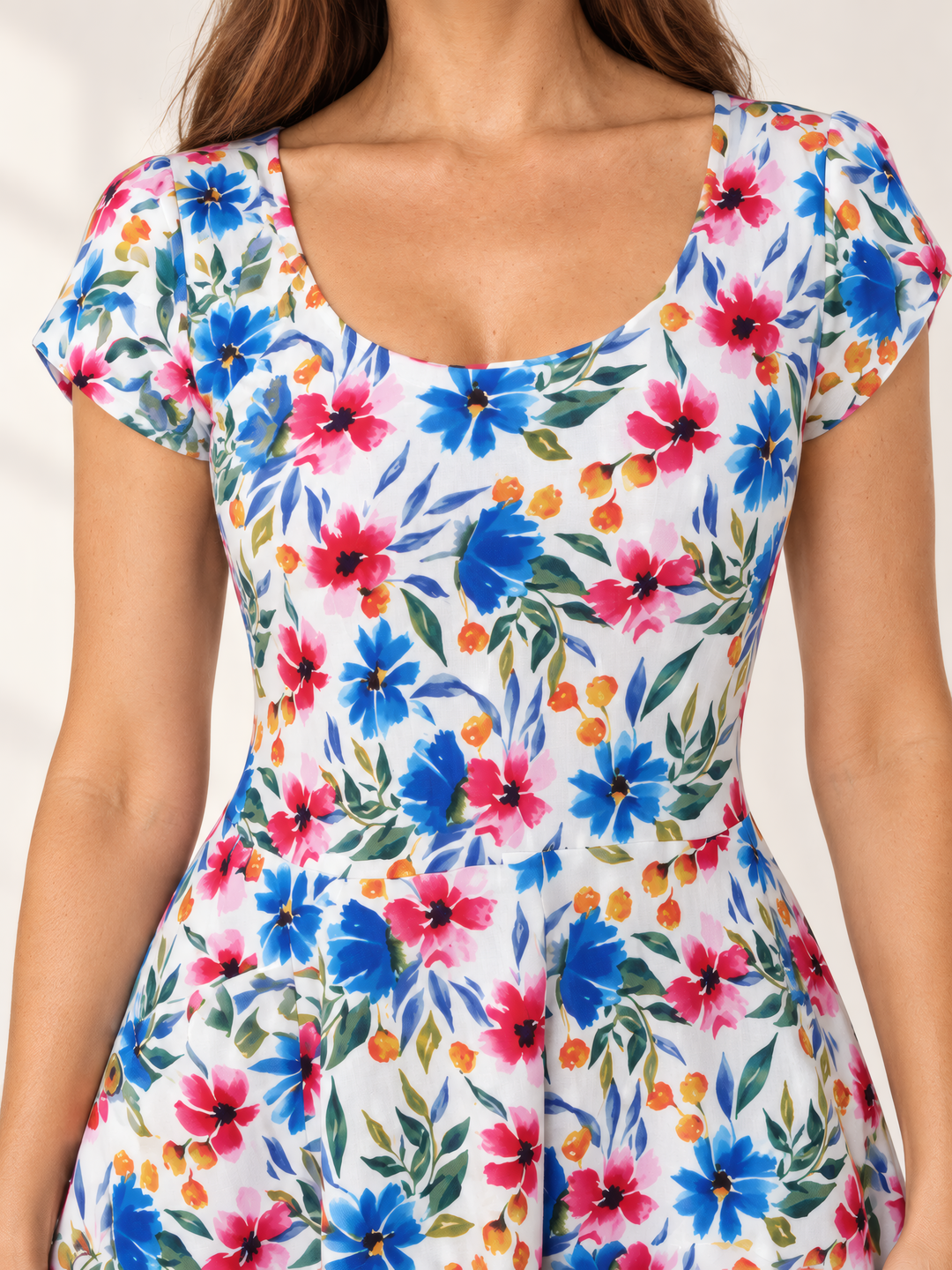 Dress Addict Jade Dress in Bright Flowers, close up of the fabric and details