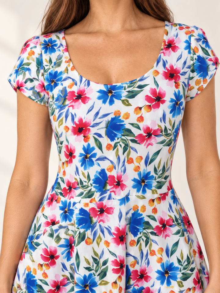 Dress Addict Jade Dress in Bright Flowers, close up of the fabric and details