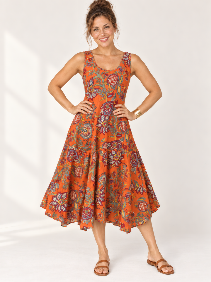 Dress Addict Joy Dress in Orange Paisley, front view on model