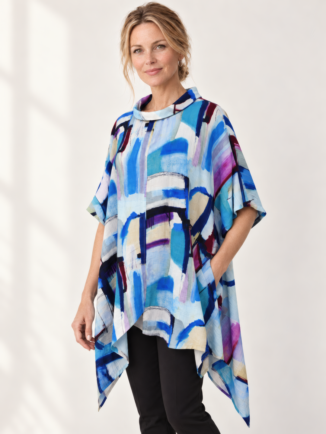 Eleven Stitch Design By Gerties Asymmetrical Tunic in Magic, front view on model