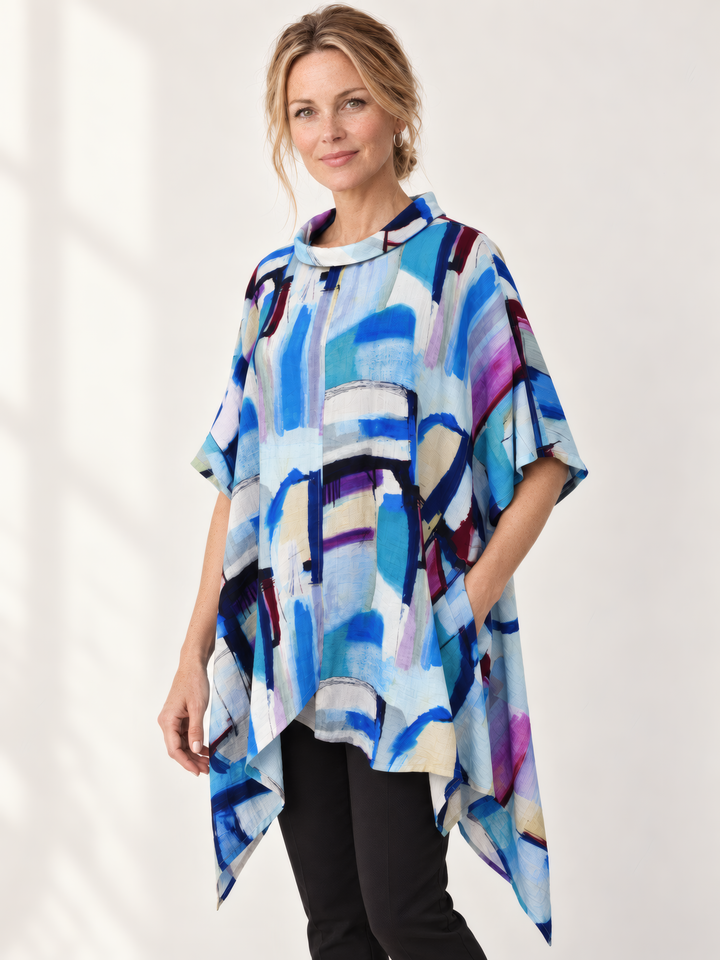 Eleven Stitch Design By Gerties Asymmetrical Tunic in Magic, front view on model