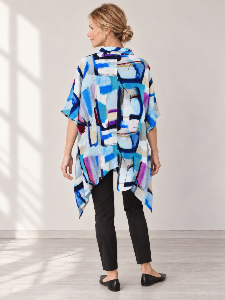 Eleven Stitch Design By Gerties Asymmetrical Tunic in Magic, back view on model
