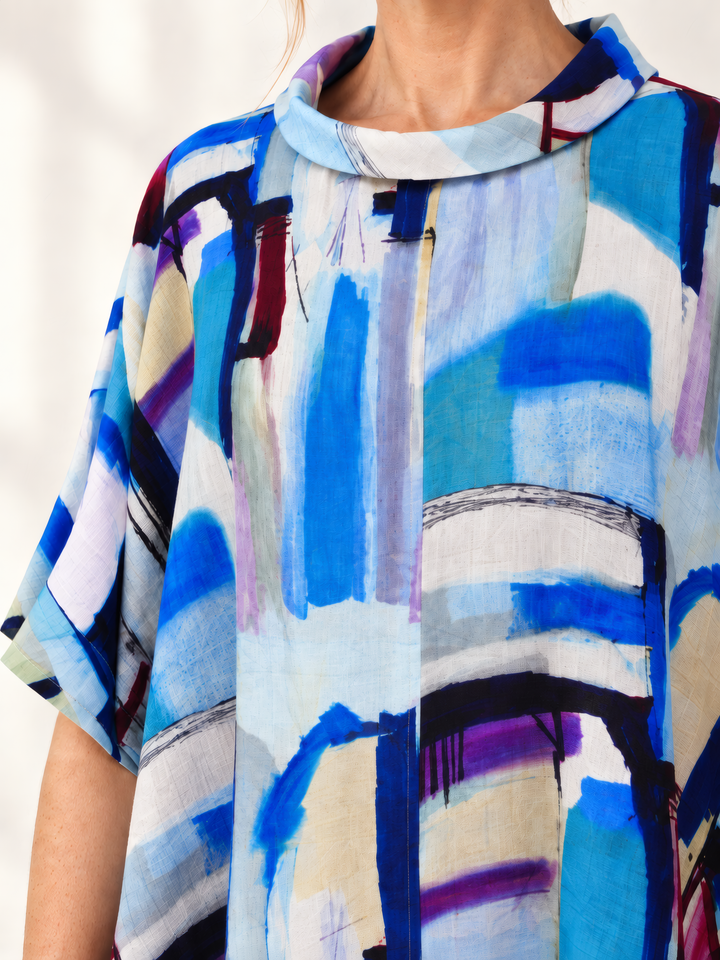 Eleven Stitch Design By Gerties Asymmetrical Tunic in Magic, close up of the fabric and details