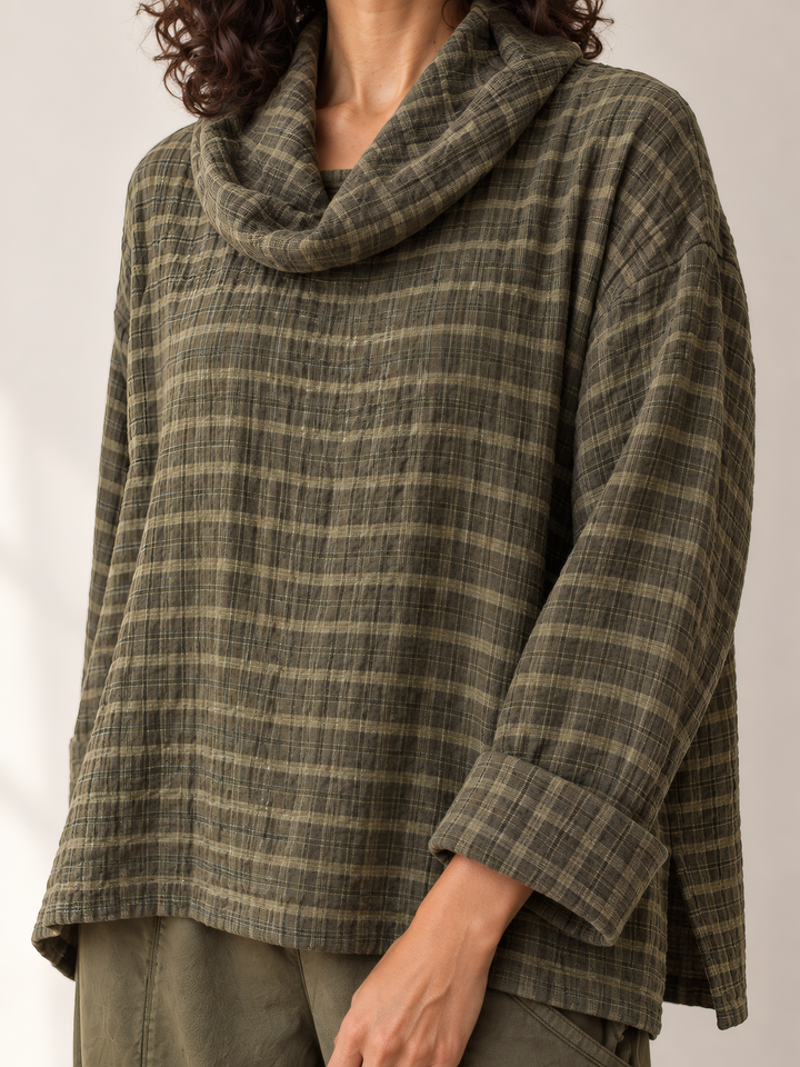 Eleven Stitch Design By Gerties Cowl Pullover in African Olive, close up of the fabric and details