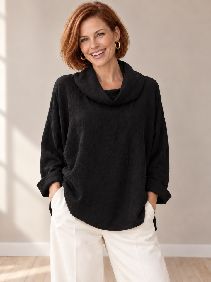Eleven Stitch Design By Gerties Cowl Pullover in Black, front view on model