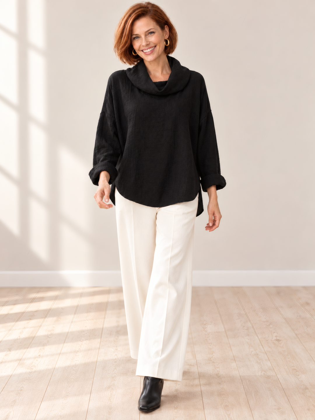 Eleven Stitch Design By Gerties Cowl Pullover in Black, on model, second angle