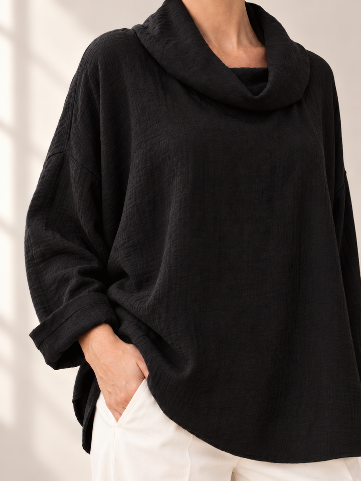 Eleven Stitch Design By Gerties Cowl Pullover in Black, close up of the fabric and details