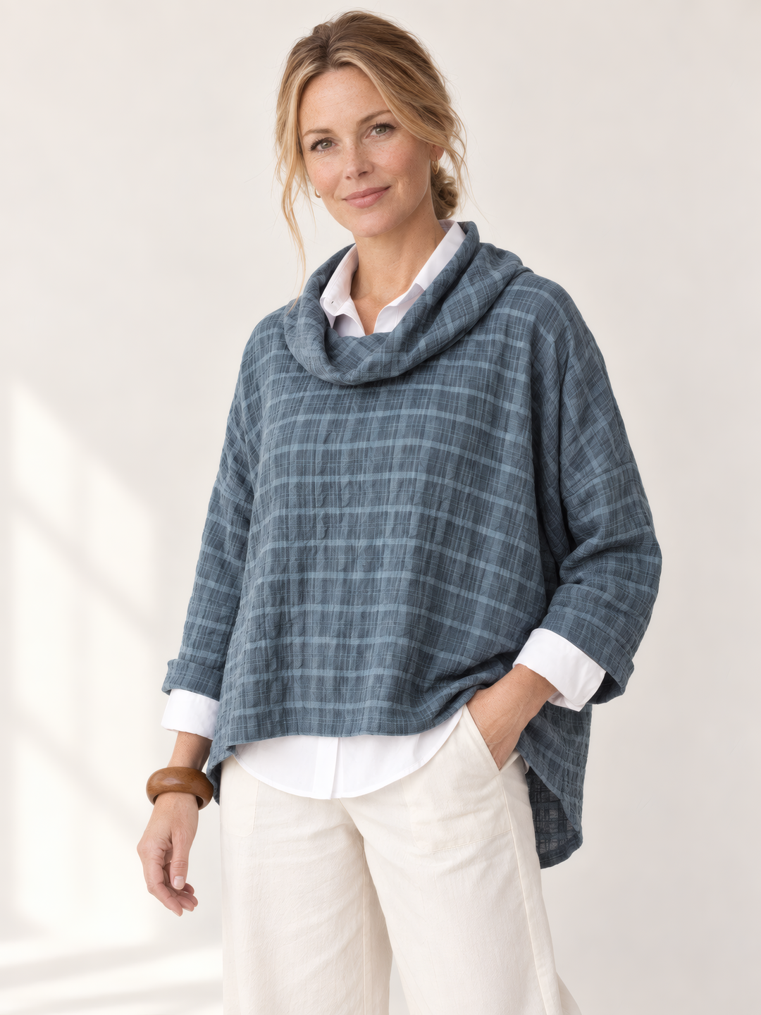 Eleven Stitch Design By Gerties Cowl Pullover in Denim, front view on model