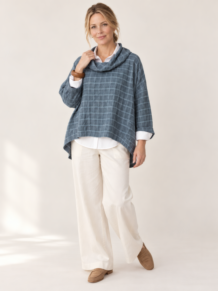 Eleven Stitch Design By Gerties Cowl Pullover in Denim, on model, second angle