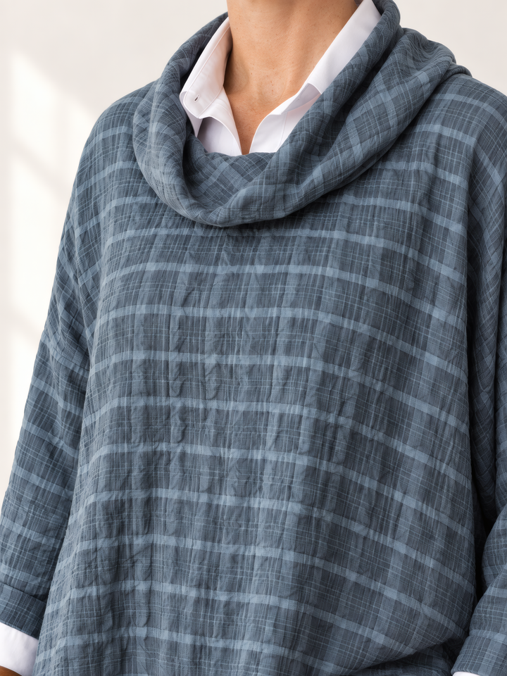 Eleven Stitch Design By Gerties Cowl Pullover in Denim, close up of the fabric and details