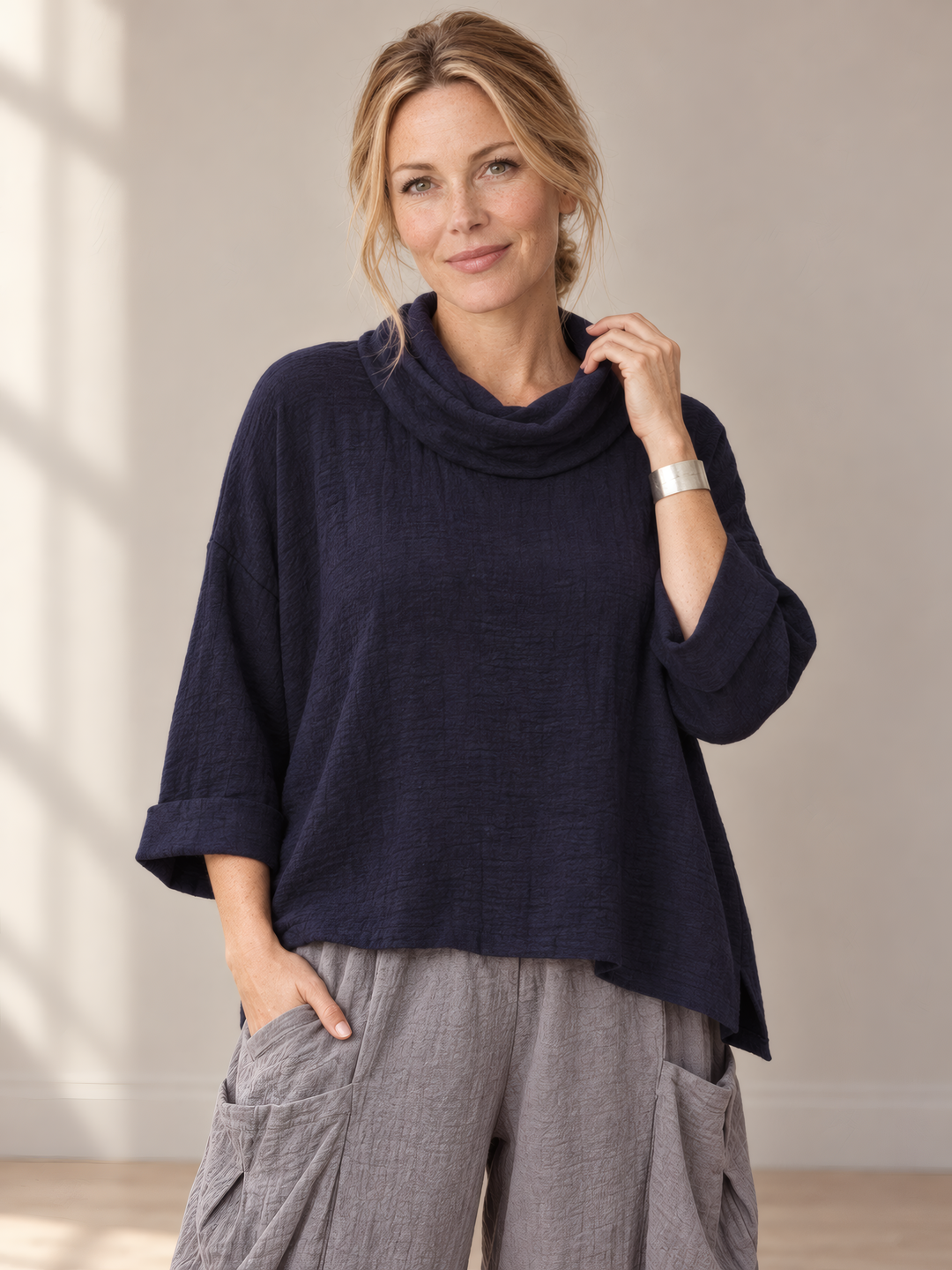 Eleven Stitch Design By Gerties Cowl Pullover in Indigo, front view on model
