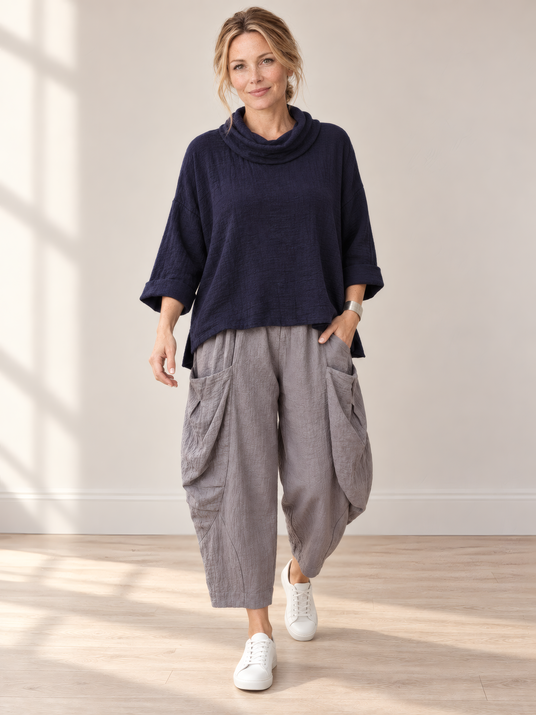 Eleven Stitch Design By Gerties Cowl Pullover in Indigo, on model, second angle