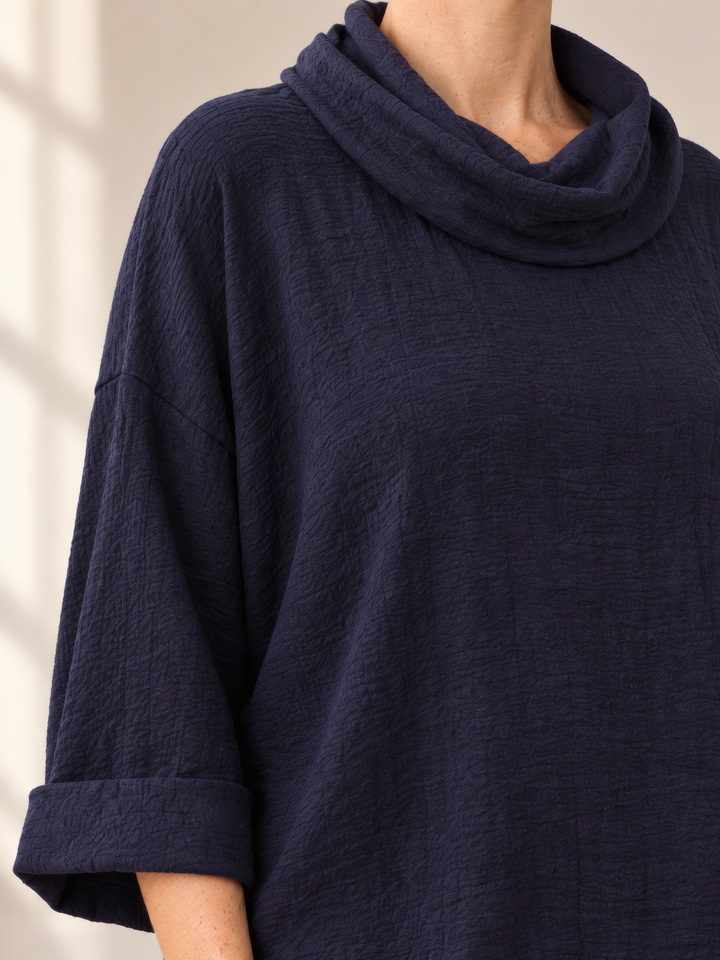 Eleven Stitch Design By Gerties Cowl Pullover in Indigo, close up of the fabric and details