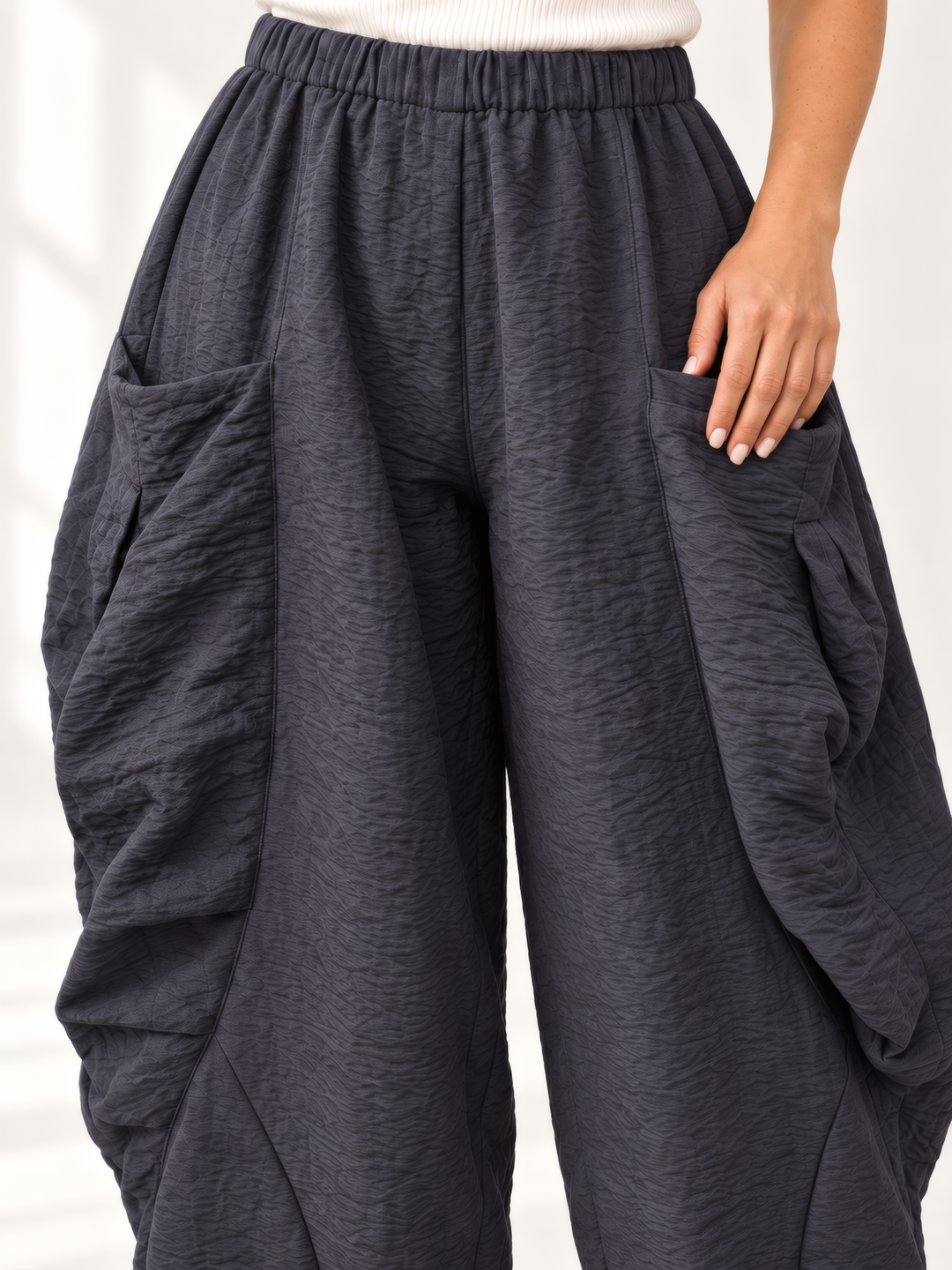 Eleven Stitch Design By Gerties Double Pocket Pant in Black Pearl, close up of the fabric and details