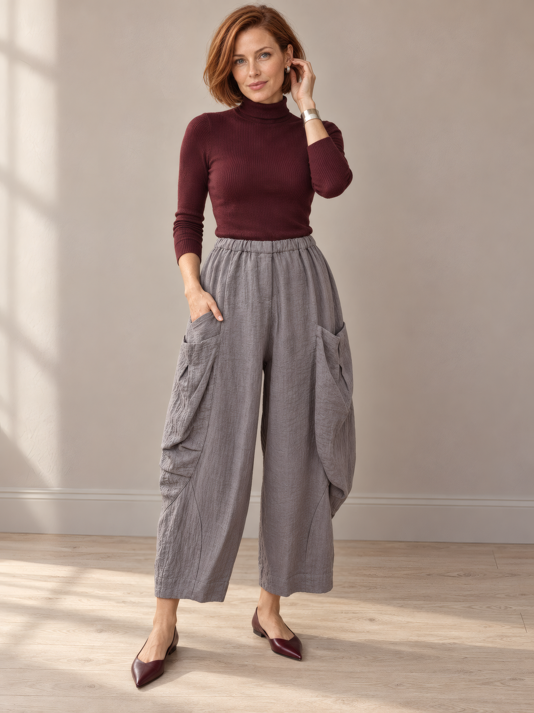 Eleven Stitch Design By Gerties Double Pocket Pant in Eiffel, front view on model