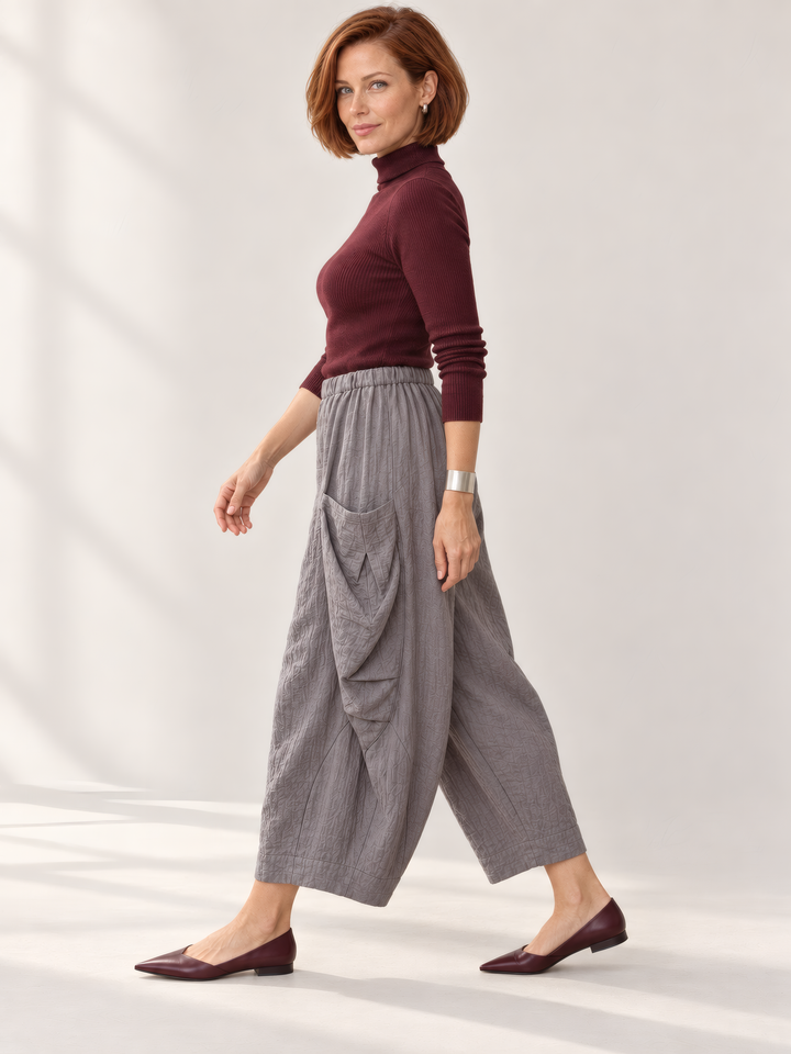 Eleven Stitch Design By Gerties Double Pocket Pant in Eiffel, side view on model