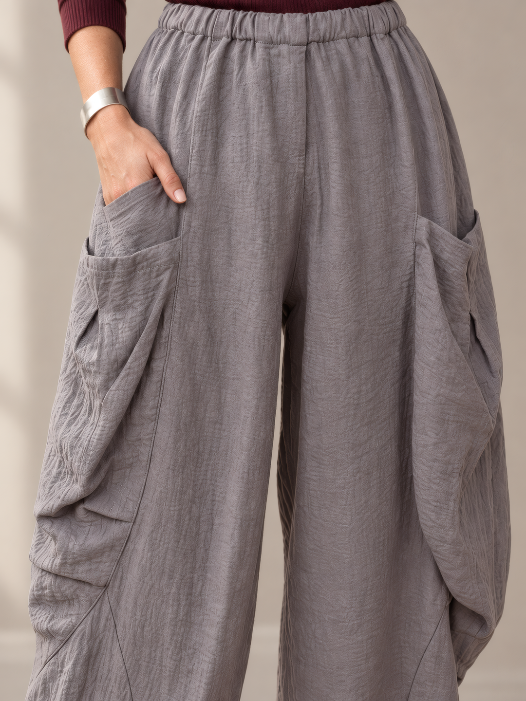 Eleven Stitch Design By Gerties Double Pocket Pant in Eiffel, close up of the fabric and details