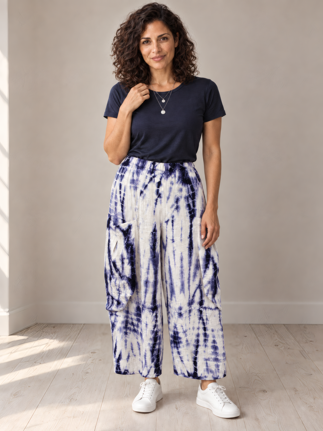 Eleven Stitch Design By Gerties Double Pocket Pant in Indigo, front view on model