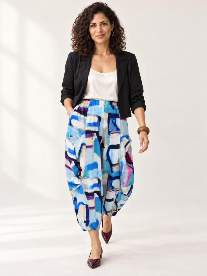 Eleven Stitch Design By Gerties Double Pocket Pant in Magic, front view on model
