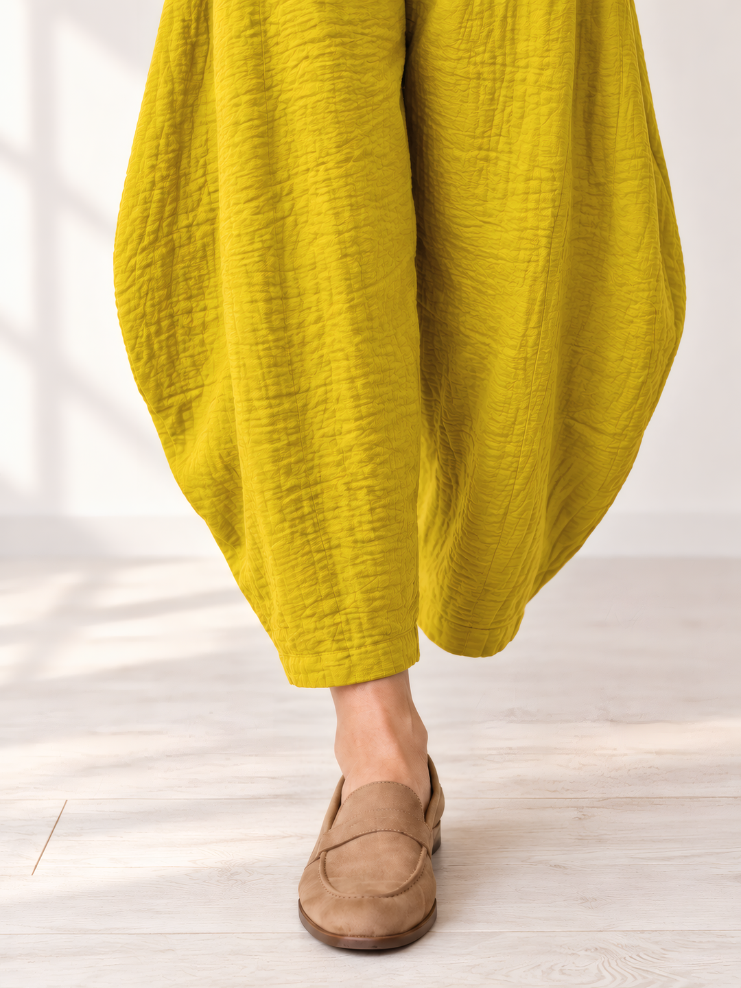 Eleven Stitch Design By Gerties Double Pocket Pant in Mustard, close up of the fabric and details