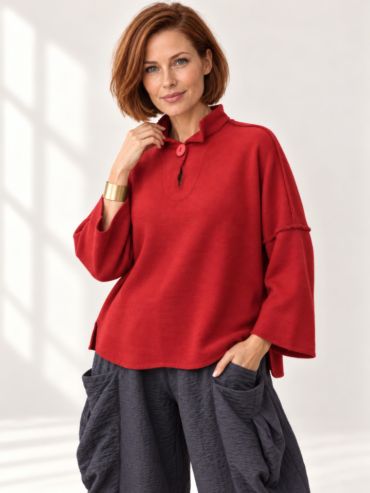 Eleven Stitch Design By Gerties Funnel Pullover in Masai, front view on model