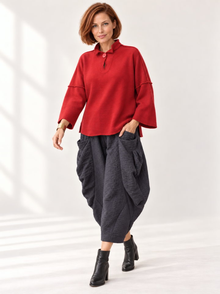 Eleven Stitch Design By Gerties Funnel Pullover in Masai, on model, second angle