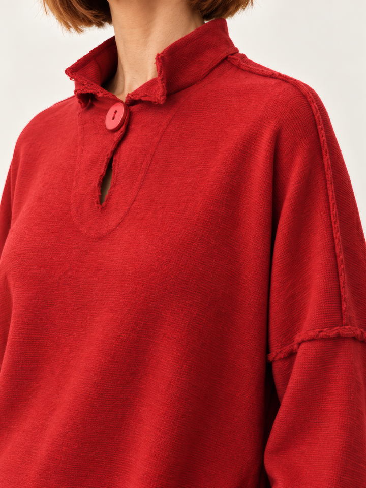 Eleven Stitch Design By Gerties Funnel Pullover in Masai, close up of the fabric and details