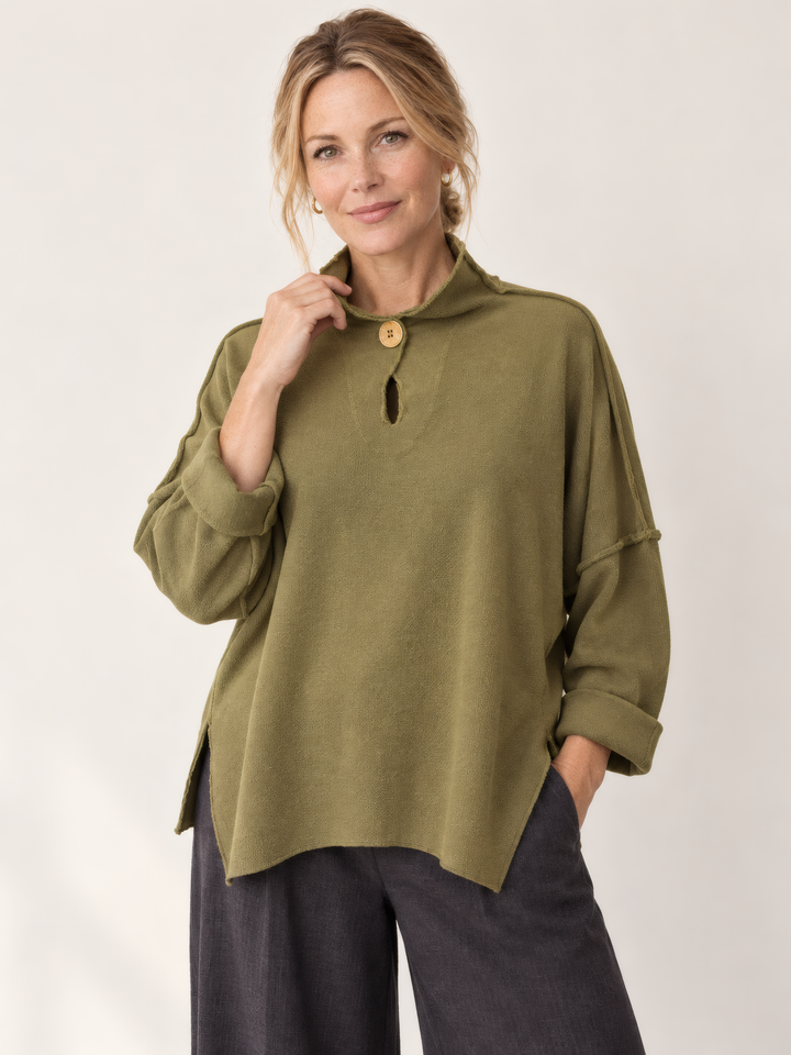 Eleven Stitch Design By Gerties Funnel Pullover in Teak, front view on model