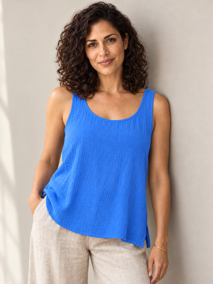 Eleven Stitch Design By Gerties Gails Tank in Ocean, front view on model