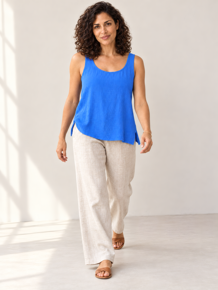 Eleven Stitch Design By Gerties Gails Tank in Ocean, on model, second angle