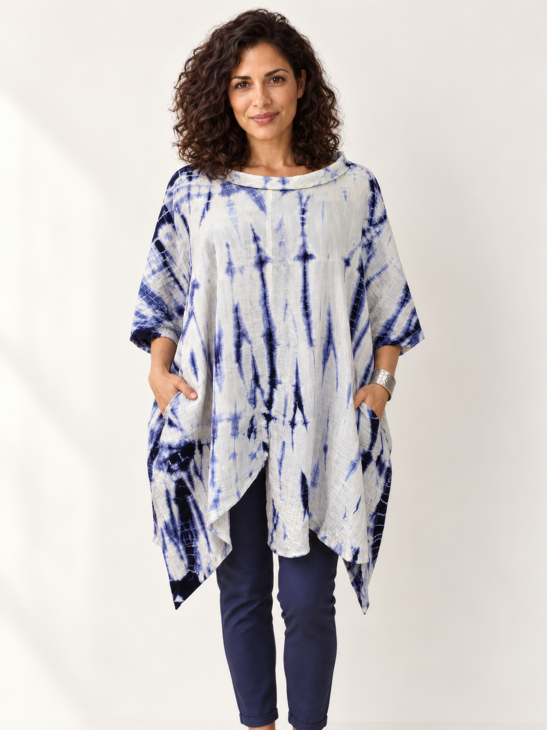 Eleven Stitch Design By Gerties One Size Tunic in Indigo, front view on model