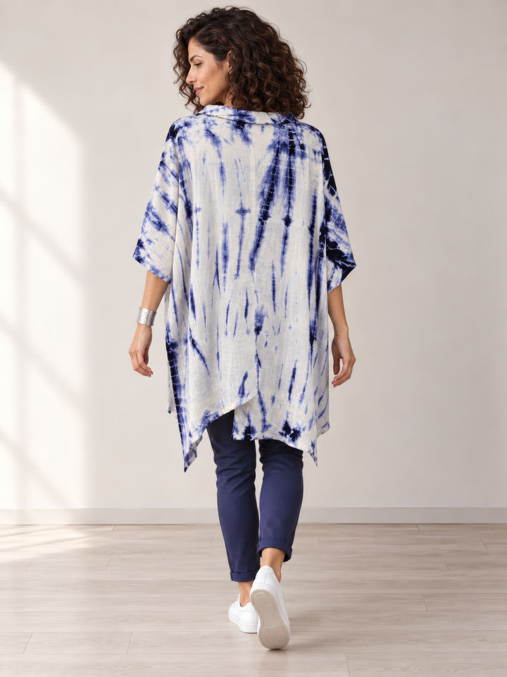 Eleven Stitch Design By Gerties One Size Tunic in Indigo, back view on model