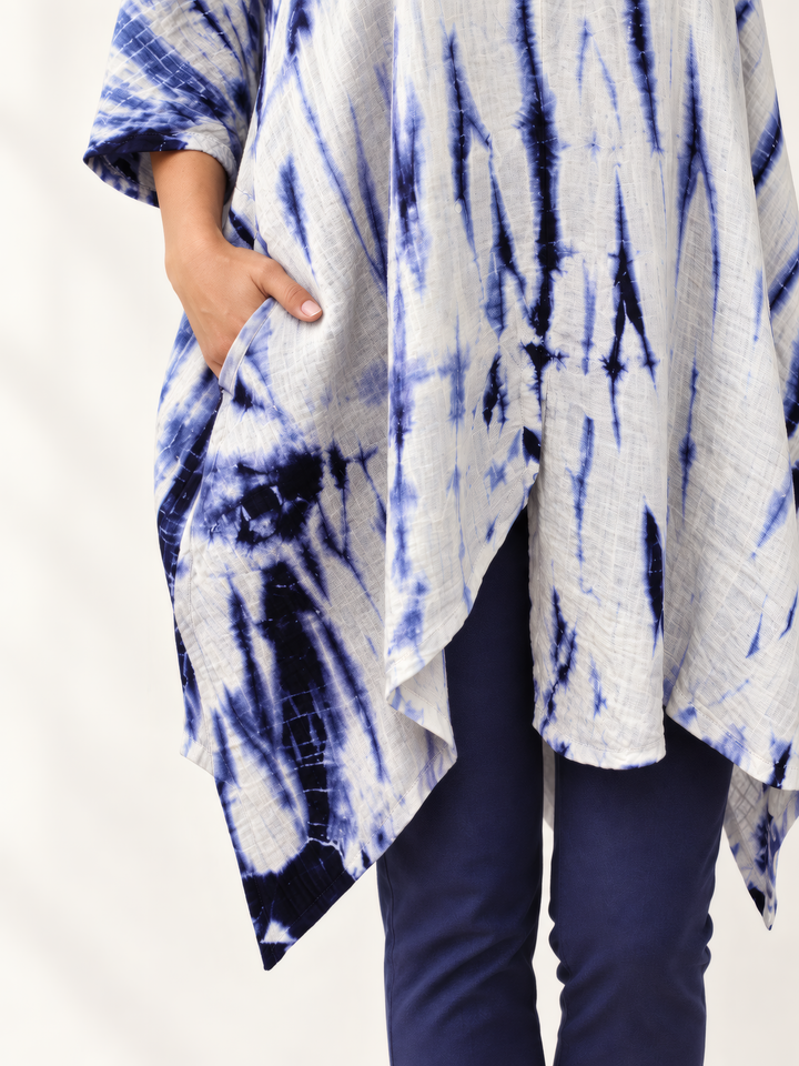 Eleven Stitch Design By Gerties One Size Tunic in Indigo, close up of the fabric and details