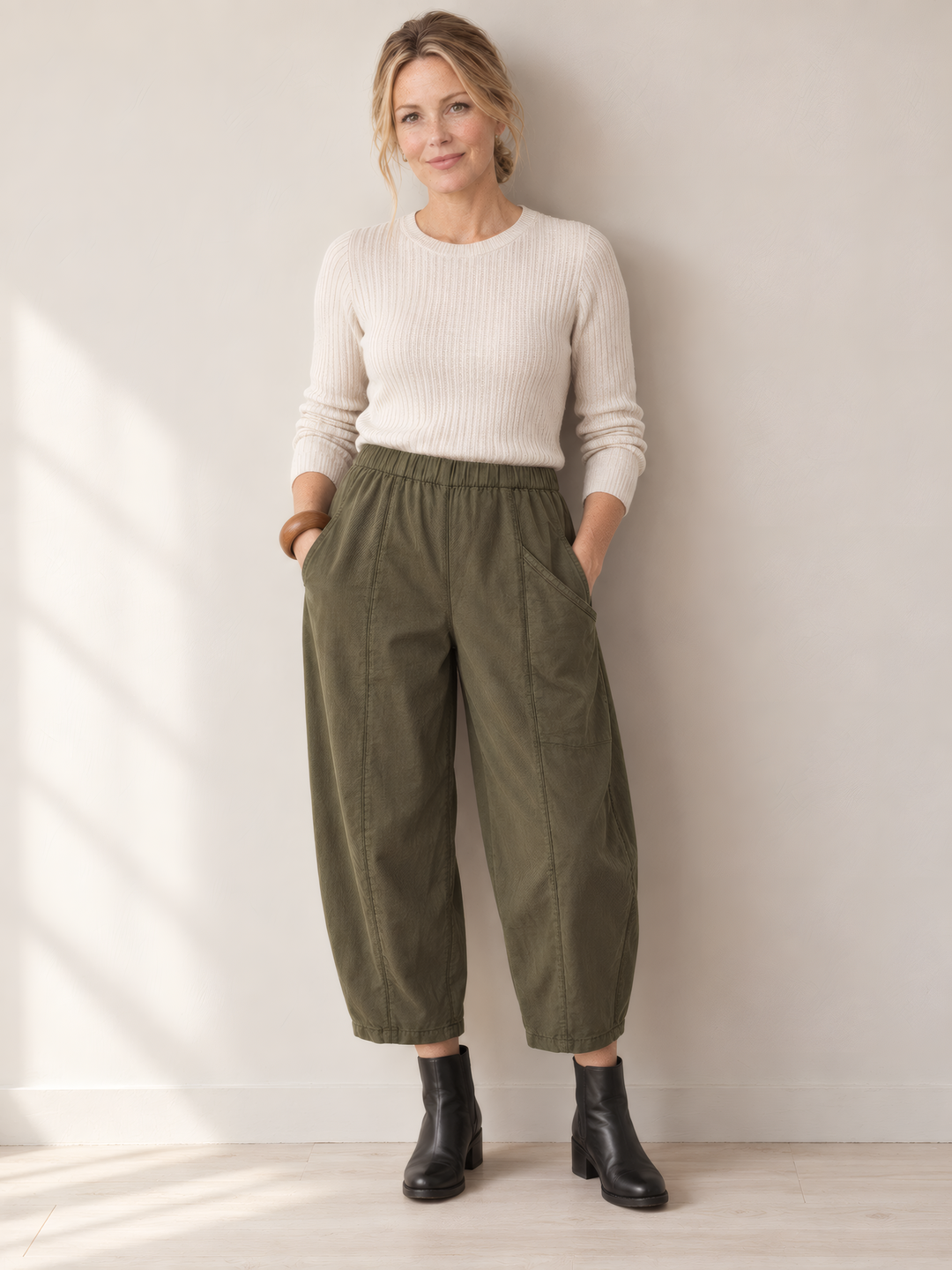 Eleven Stitch Design By Gerties Pocket Pant in African Olive, front view on model