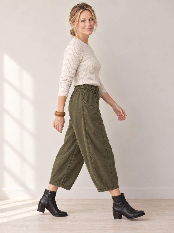 Eleven Stitch Design By Gerties Pocket Pant in African Olive, side view on model