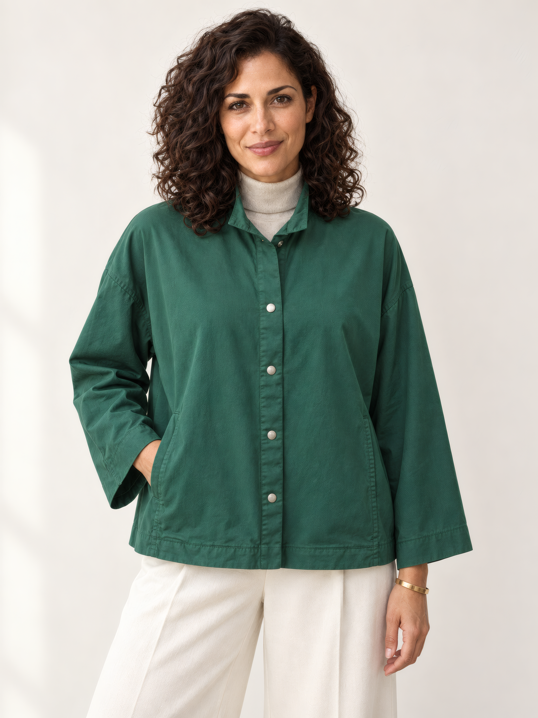Eleven Stitch Design By Gerties Stand Collar Jacket in Blue Hunter, front view on model