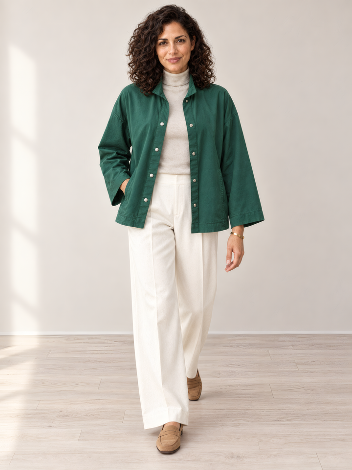 Eleven Stitch Design By Gerties Stand Collar Jacket in Blue Hunter, on model, second angle