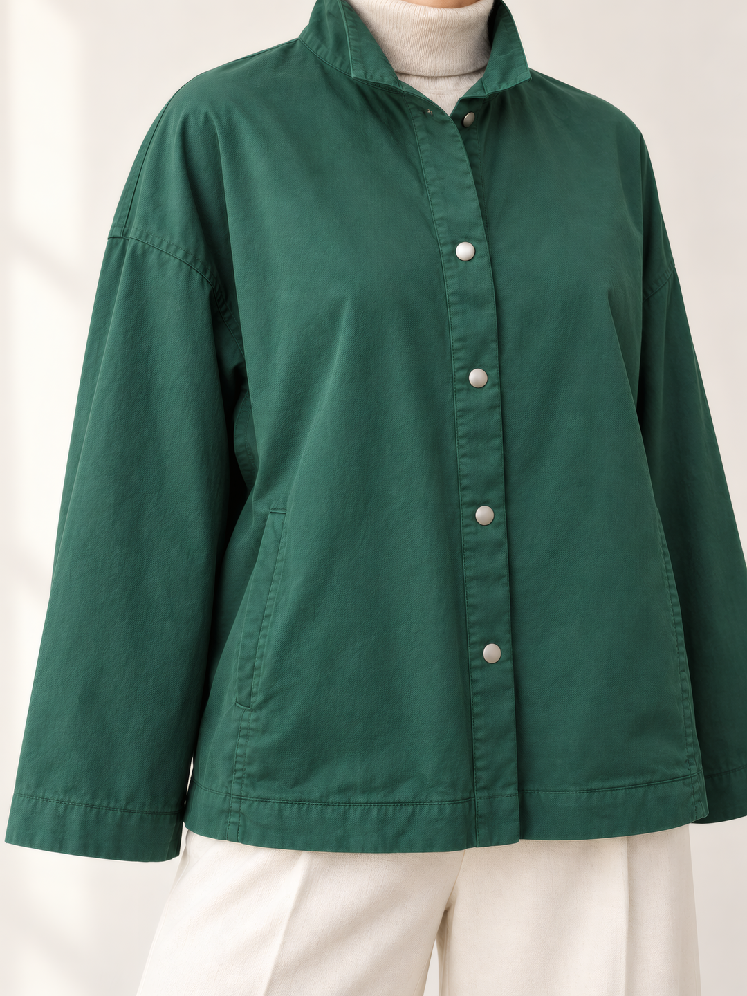 Eleven Stitch Design By Gerties Stand Collar Jacket in Blue Hunter, close up of the fabric and details