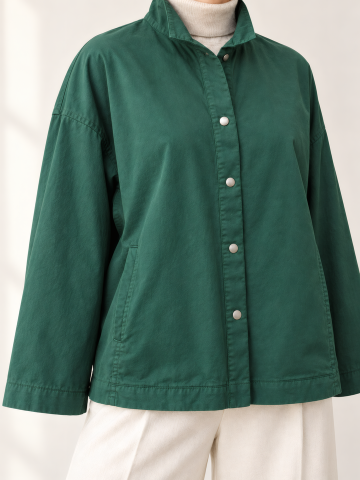 Eleven Stitch Design By Gerties Stand Collar Jacket in Blue Hunter, close up of the fabric and details