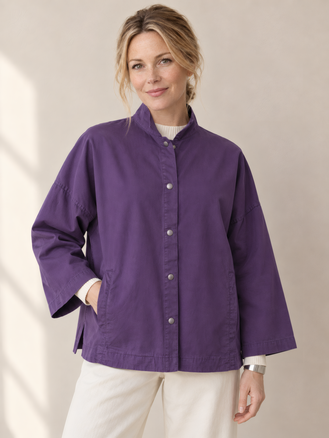 Eleven Stitch Design By Gerties Stand Collar Jacket in Eggplant, front view on model