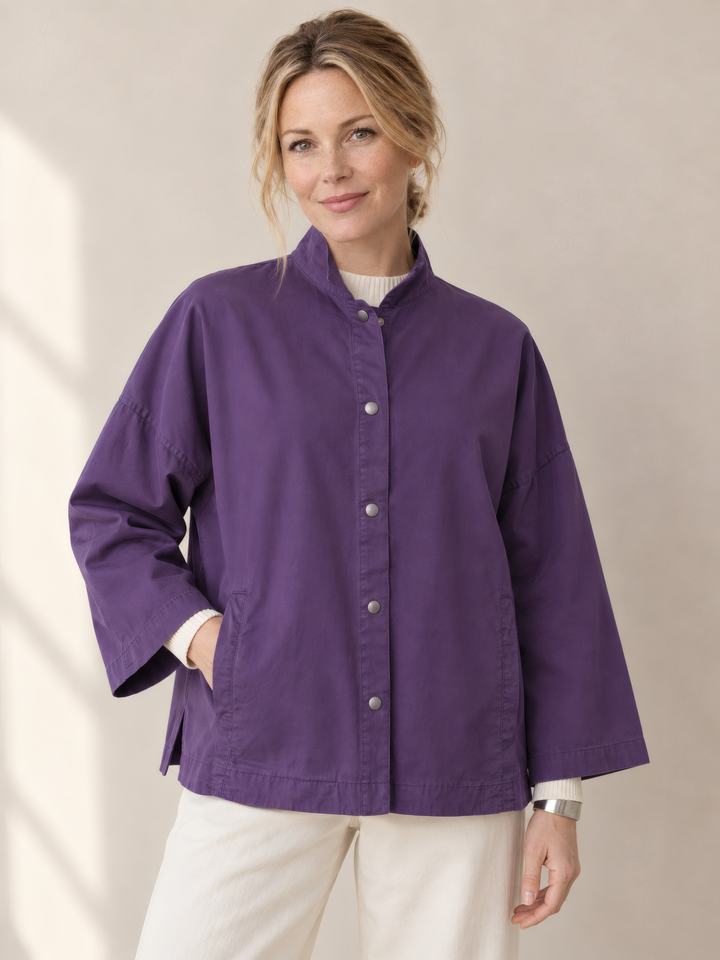 Eleven Stitch Design By Gerties Stand Collar Jacket in Eggplant, front view on model