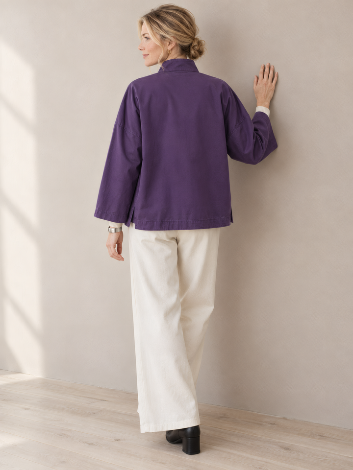 Eleven Stitch Design By Gerties Stand Collar Jacket in Eggplant, back view on model