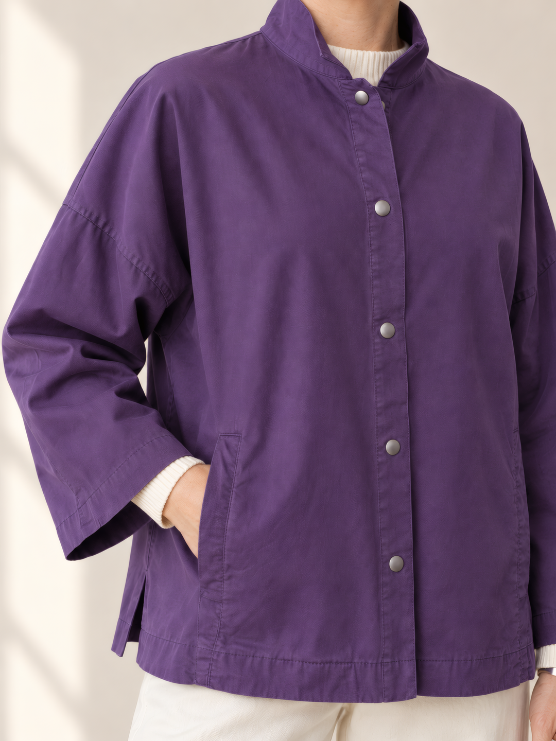 Eleven Stitch Design By Gerties Stand Collar Jacket in Eggplant, close up of the fabric and details
