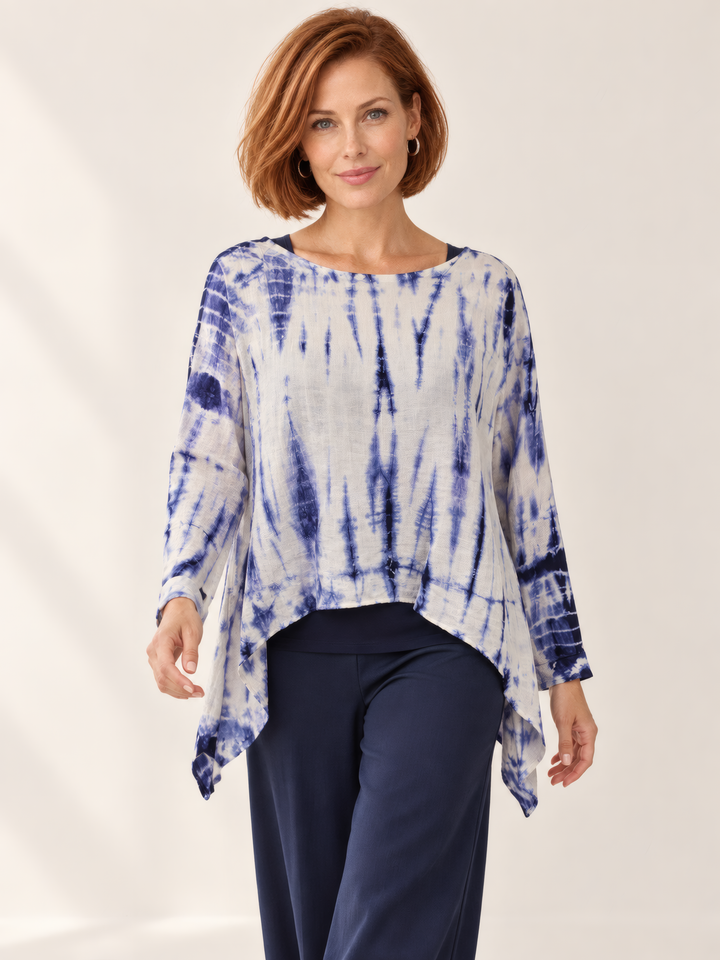Eleven Stitch Design By Gerties Topper in Indigo, front view on model