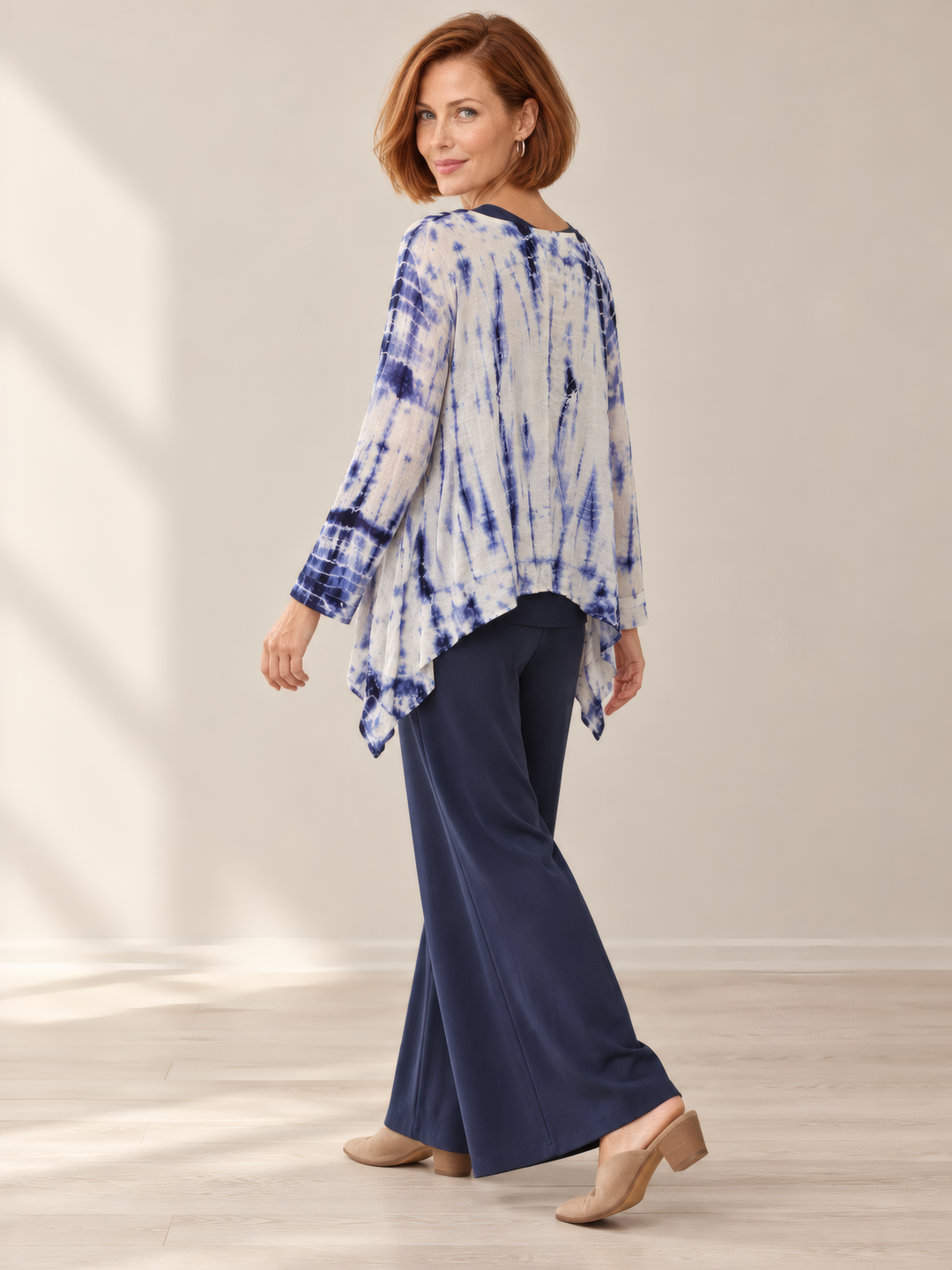 Eleven Stitch Design By Gerties Topper in Indigo, on model, second angle