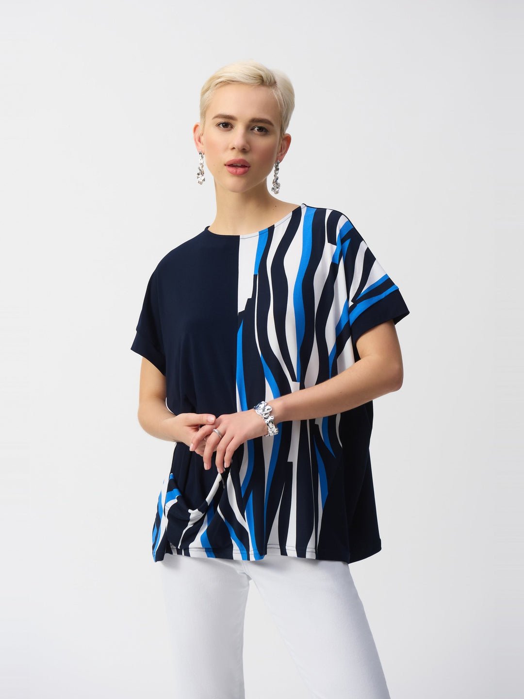 Joseph Ribkoff Silky Knit Geometric Print Boxy Top in Vanilla Multi, front view on model