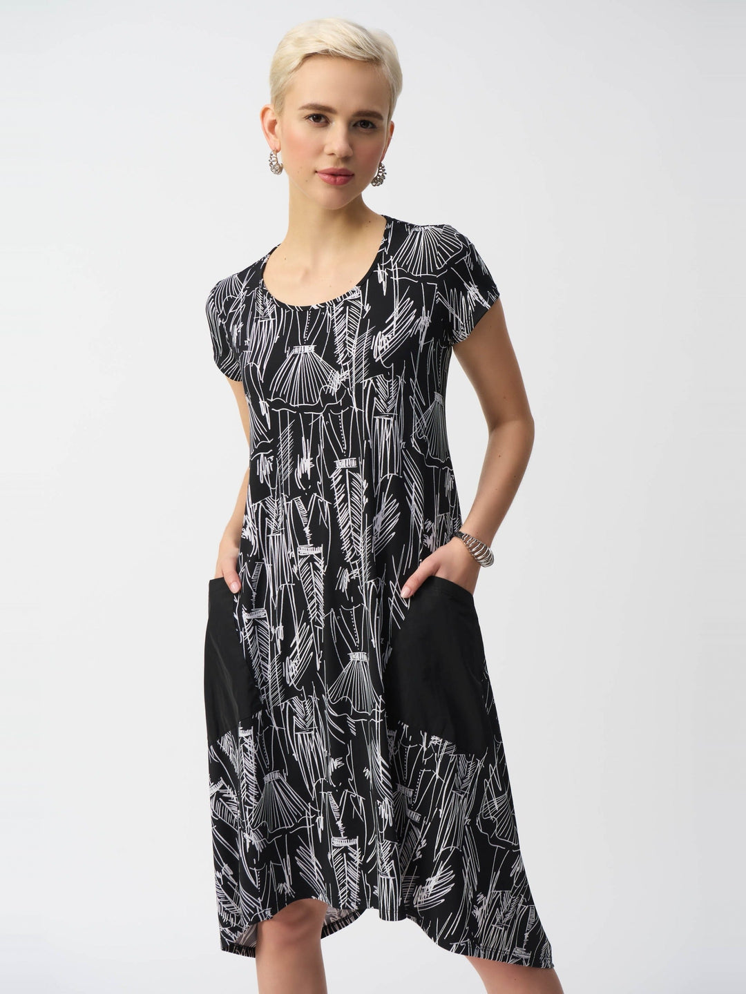 Joseph Ribkoff Silky Knit Print Cocoon Dress in Black and Vanilla, front view on model